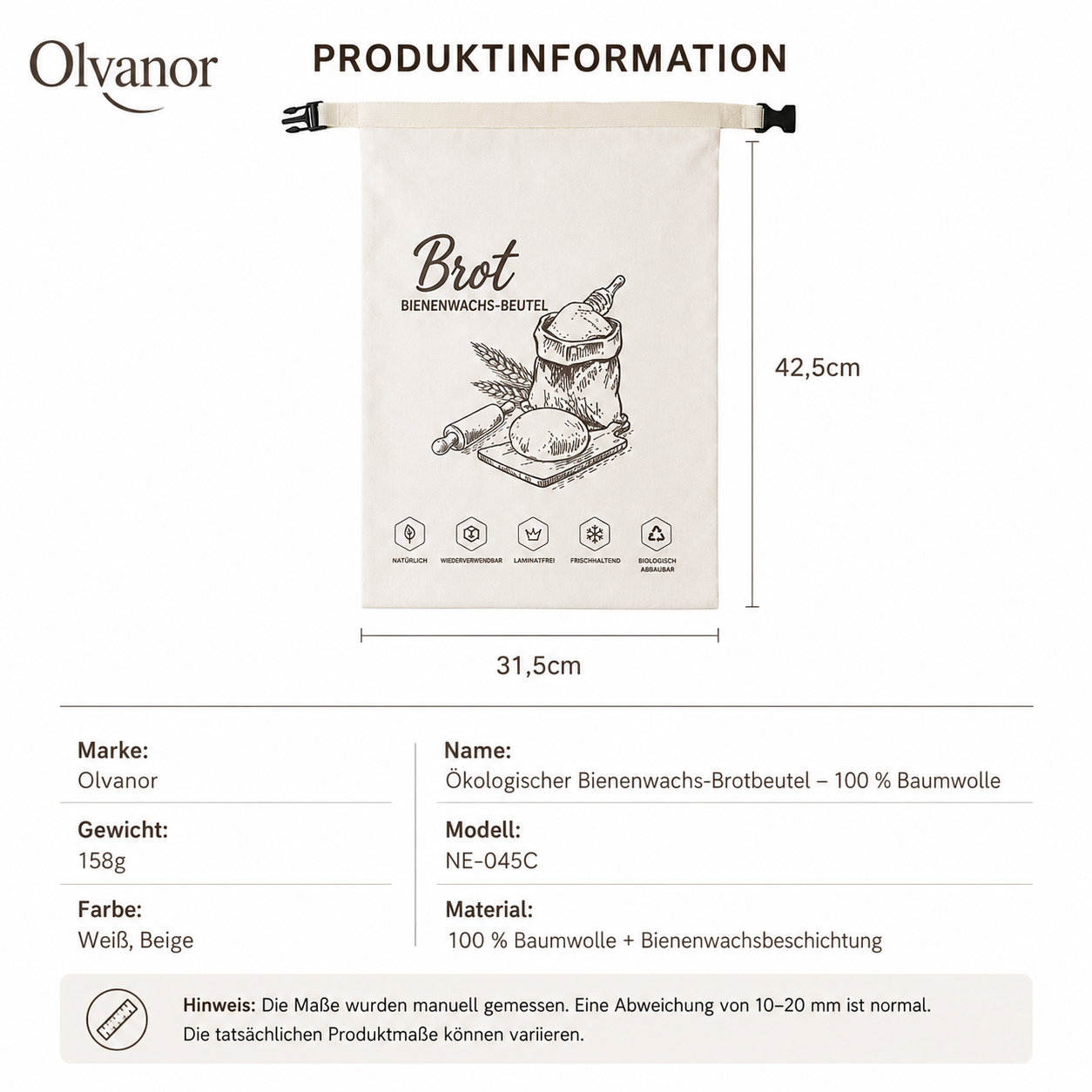 Bio-Bienenwachs-Brotbeutel – 100 % Baumwolle
