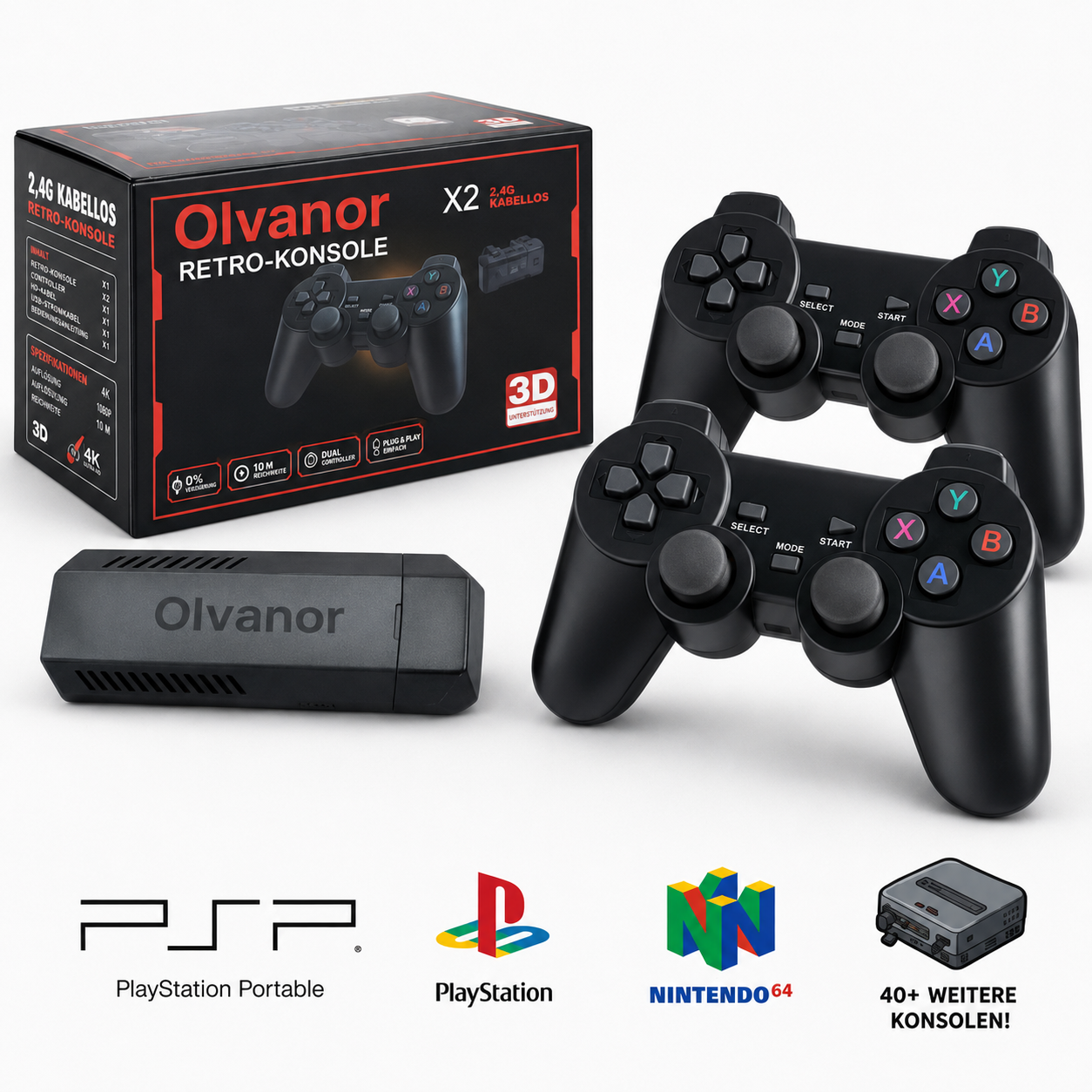 Olvanor™ – Retro-Konsole Plug & Play + 2 Controller